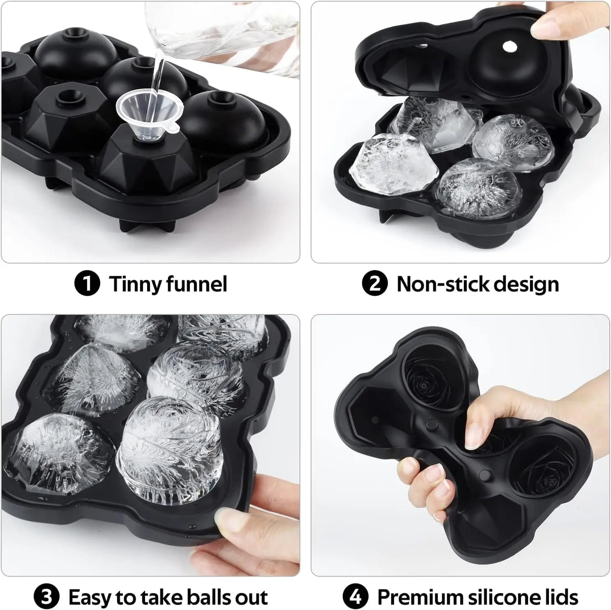 2 Inch Rose & Diamond Ice Cube Tray with Lid, Silicone Large Ice Mold for Cocktails, Whiskey, Juice, Easy Release, BPA Free, Black