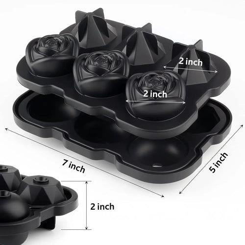 2 Inch Rose & Diamond Ice Cube Tray with Lid, Silicone Large Ice Mold for Cocktails, Whiskey, Juice, Easy Release, BPA Free, Black